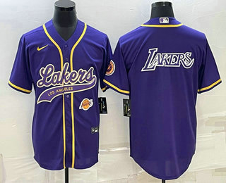 Men%27s Los Angeles Lakers Purple Big Logo With Patch Cool Base Stitched Baseball Jersey